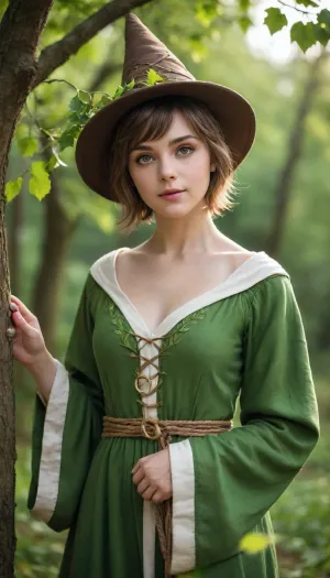 Realistic photography, Fantasy, magical, medieval, solo, 1girl, mage, mage robe, short loose dress, mage hat, leaf designs, short hair, round face, big bright eyes, broad shoulder, deep collarbone, squeezed cleavage, slim waist, calm, alluring, seductive, detail background, backlight, green nature healing magic circle, vines, leaf, tree, <lora:EnvyCuteSliderXL01:2>
