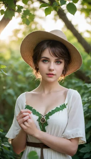 Realistic photography, Fantasy, magical, medieval, solo, 1girl, mage, mage robe, short loose dress, mage hat, leaf designs, short hair, round face, big bright eyes, broad shoulder, deep collarbone, squeezed cleavage, slim waist, calm, alluring, seductive, detail background, backlight, green nature healing magic circle, vines, leaf, tree, <lora:EnvyCuteSliderXL01:2>