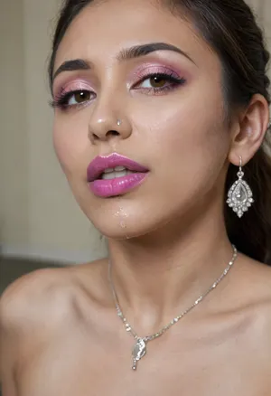 Indian sexy beautiful mature woman 18 years old, (high-quality facial detailing with long eyelashes and plump lips), (Indian face:1.9), stylish, sensual, curvy, in a transparent tight-fitting sequined dress, (big tits), she has shiny maroon-pink lipstick, (pink-purple areoles are visible, nipples with piercings), an exquisite necklace and gold bracelets, she has long hair tied up in a bun, nipple ringsnipple, nipple ringsnipple rings, pussy view, slit pussy, slender long legs with a high waist, fishnet stockings, green stilettos, seductive grins, dark skin., CUM, DONATION, ASSISTANCE, FELLATIO, TITS, SEX, HANDJOB, FOOTJOB, AFTER, VAGINAL, woman, cum, on, face, artoflips, uoclips, lips, lipstick, art, of, Winter, Waterfall, <lora:CUM DONATION ASSISTANCE:2>, <lora:JustCum:1.3>, <lora:Art_Of_Lips_PONY_XL_By_UOC:1>, <lora:Winter Waterfall:1.4>