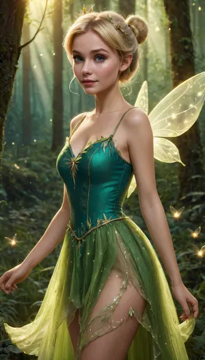 Tinkerbell, petite blonde fairy, pixie stature, blonde hair in messy bun, blue eyes, cute, young, beautiful face, wearing a tattered green dress, green fairy wings, tiny waist, slender petite body, pale skin, fair skin, glowing skin, magical fairy forest background, enchanted, glowing green fireflies, moonlight, magical appearance, highest quality, dreamlike, 4k uhd, fairy, dress, <lora:xl_fairy_dress-1.0:.6>