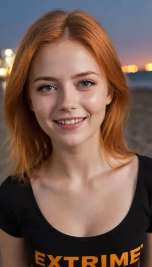 detailed face portrait, background beach at night time, young adult Russian girl, 18 yo, gorgeous breasts, orange hair, semi opened eyes, smiling, black T-shirt, ((print with words "EXTRIME")), protruding nipples, hands behind back, cum, string, ejaculation, on, face, taking, cumshot, <lora:cumshot_49:.5>