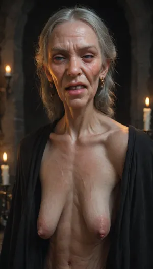 Elderly witch, ugly, in a dark castle lit by candlelight, the witch is very old and frail. She is skinny, (no fat), (bony), (scrawny), ., [She shows signs of aging, (loose skin), , , (saggy skin), , , (stretch marks), , , (wrinkled face), , , (wrinkled body), , , (sagging tits), , , (long tits), , , hyper long tits], tits have no firmness, (sad tits), (nipples point downward), She has long white hair, (scraggly hair), very messy hair, wirey hair. Her thighs have stretch marks that look like old faded scars. Very thin skin. Grey skin, (no color), skin has lots of blemishes. The witch has loose and wrinkled skin, skin has stretch marks. The witch is over 100 years old + elderly. Naked, (no clothes), She is having sex. Exposed body + no clothes. Having sex, Riding dick, huge dick, thick dick, leaned back exposing pussy. Old pussy, long pussy, sad pussy. Waist view, Full body shot, (pov, cowgirl), missionary position. Photo realistic, ultra realistic, hyper realistic.