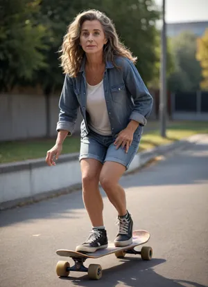 ultra-realistic, 8K HD, thick 50-years old women, detailed face, detailed hair, deep grey eyes, on a skateboard, side view, full body view, looking the viewer
