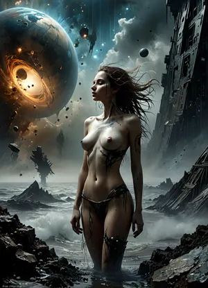 photorealistic, (masterpiece, ultra-detailed:1.4), cinematic, (Erotic photography by Hegre in the style of Met-art:1.5), detailed lips, fine details, skin pores, symmetrical face, healthy hair, bright curls, very long hair, beautiful lively eyes, clear eyes, penetrating gaze, Panoramic shot, everything is visible, the pyramids are partially flooded, a beautiful and creepy world in which you want to stay, calling to yourself every night, An ancient alien world, scattered stars, nebulae and galaxies are visible in the sky, huge black pyramids towering over the landscape, black sand, the sea next to the pyramids, full-length photography, the whole body is visible, (pyramids of black obsidian:1.1), an eerie and otherworldly mood, with a sense of mystery and danger, a photograph of a dark and disturbing scenario influenced by the works of H.R. Giger and H.F. Lovecraft is a disturbing work of art, the landscape is dotted with black rocks, grotesque fantasies by H.R. Giger.

Cyborg woman, fully naked astronaut, looks into the depths of space, Boundless ocean, space, stars, milky way, giant planets, Jupiter, moon, storm, hurricane, sea foam, night, darkness, infinity of space, meteor shower, distant stars, red dwarfs, Powerful lightning strikes, Andromeda nebula, alpha Cintaura, supernova explosion, Mercury craters, Io volcanoes, ice on Jupiter's moon Europa, radiation, green and blue light, rapidly growing neutron star, mareks fighting a storm, strong wind tearing sails, galleon, shipwreck, Solid darkness, impenetrable night, the sun in black space at a great distance, the afterlife of Pluto, the Orta cloud, Thunderstorms, gas clusters, neutron star, electromagnetic field, Earth's magnetic field, pervasive radiation, radio waves, extremely intense cosmic radiation, nuclear fusion, big bang, The sun in the sky, spacecraft of unknown origin, alien ship, film "predator", female predator, Solar wind blows away Saturn's rings, cosmic radiation, space mission, odyssey, colonization of planets, space tourism, the film "promitey", the film "alien", Neutron star, black hole, neutron collider, Star Wars movie, Invaders of the Planets, Independence Day, Space station, female astronaut, film, Flight at the speed of light, superluminal thrust, nuclear thrust, space ark, spaceship for interstellar flights, Space dust, space storm or urogan, space storm, earth planet groups, collision of planets, explosion of the universe, a spaceship at a great distance, a space station orbiting a planet, Boundless, endless, frightening, cruel, cold, empty space, (perfect fingers:1.2), piercing, ultra details, grim, highly detailed, drkms, <lora:cfg_scale_boost:.4>, <lora:MJ52:.9>, <lora:LCMTurboMix_Euler_A_fix:2>, <lora:DarkGrimFantasyXL-000004:.5>, <lora:HandFineTuning_XL:.9>