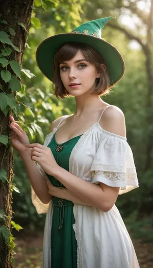 Realistic photography, Fantasy, magical, medieval, solo, 1girl, mage, mage robe, short dress, mage hat, leaf designs, short hair, round face, big bright eyes, broad shoulder, deep collarbone, squeezed cleavage, slim waist, calm, alluring, detail background, backlight, green nature magic circle, vines, leaf, tree, <lora:EnvyCuteSliderXL01:2>
