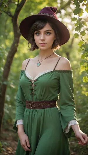Realistic photography, Fantasy, magical, medieval, solo, 1girl, mage, mage robe, short dress, mage hat, short hair, round face, big bright eyes, broad shoulder, deep collarbone, squeezed cleavage, slim waist, calm, alluring, detail background, backlight, green nature magic circle, vines, leaf, tree, <lora:EnvyCuteSliderXL01:2>