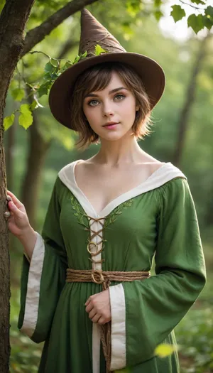 Realistic photography, Fantasy, magical, medieval, solo, 1girl, mage, mage robe, short loose dress, mage hat, leaf designs, short hair, round face, big bright eyes, broad shoulder, deep collarbone, squeezed cleavage, slim waist, calm, alluring, seductive, detail background, backlight, green nature healing magic circle, vines, leaf, tree, <lora:EnvyCuteSliderXL01:2>