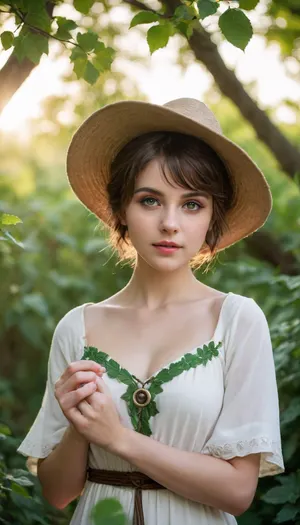 Realistic photography, Fantasy, magical, medieval, solo, 1girl, mage, mage robe, short loose dress, mage hat, leaf designs, short hair, round face, big bright eyes, broad shoulder, deep collarbone, squeezed cleavage, slim waist, calm, alluring, seductive, detail background, backlight, green nature healing magic circle, vines, leaf, tree, <lora:EnvyCuteSliderXL01:2>