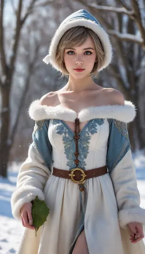 Realistic photography, Fantasy, magical, medieval, solo, 1girl, ice mage, mage robe, thick fluffy short dress, mage hat, leaf designs, short hair, round face, big bright eyes, broad shoulder, deep collarbone, squeezed cleavage, slim waist, playful, alluring, seductive, detail background, backlight, snow Field, snowing, <lora:EnvyCuteSliderXL01:2>