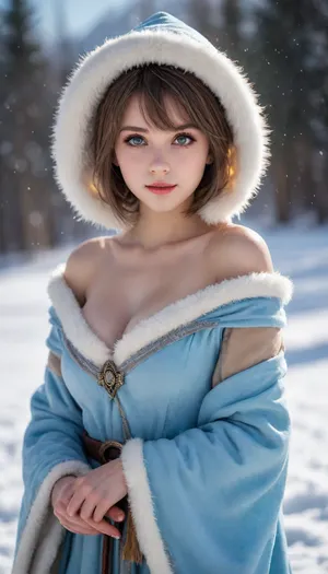 Realistic photography, Fantasy, magical, medieval, solo, 1girl, ice mage, mage robe, thick fluffy short dress, mage hat, ice designs, short hair, round face, big bright eyes, broad shoulder, deep collarbone, squeezed cleavage, slim waist, playful, alluring, seductive, detail background, backlight, snow Field, snowing, <lora:EnvyCuteSliderXL01:2>