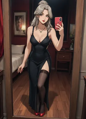 Score_9, score_8_up, score_7_up, reiq meets markgavatino art style, 45 year old, grey hair, MILF, classy older woman, red fingernails, red lipstick, long hair in messy bun, medium chest, standing in colourful bedroom, leaning forward, taking a selfie, holding mobile phone, full length mirror, long evening black gown, necklace, high slit, stockings, suspenders, red high heels, down blouse, cleavage, ((flirty)), confident sexy pose, detailed background, nighttime, dim lighting, evening, cute, doodle, ratatatat74, <lora:cutedoodle_XL-000012:.8>, <lora:ratatatat74-000050:.8>, <lora:NEOTOKIOXL_0.2_RC:.8>, <lora:outline_xl_kohaku_delta_spv5x:.8>