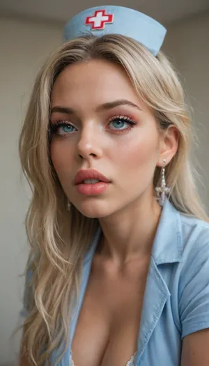 very slutty dumb bimbo whore cum bitch in open blue nurse uniform, (eyes rolling expression:1.5), big meaningful eyes, long fake eyelashes, very big lips glossy red, color eyeliners, ultra heavy makeup, medium breasts