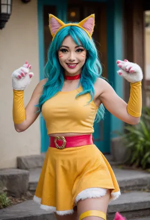 Japanese woman, super heroine, mid-thirties, cheerful, cat-inspired costume, long flowing teal hair, large eyes, big enthusiastic smile, yellow sleeveless top with white and red accents, yellow skirt with a layered design, orange belt with a blue and white circular buckle, large fuzzy cat paw gloves with pink pads, yellow cats tail, yellow headpiece resembling cat ears, yellow cat inspired face paint, furry yellow boots with gray soles, lively pose