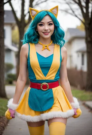 Japanese woman, super heroine, mid-thirties, cheerful, cat-inspired costume, long flowing teal hair, large eyes, big enthusiastic smile, yellow sleeveless top with white and red accents, yellow skirt with a layered design, orange belt with a blue and white circular buckle, large fuzzy cat paw gloves with pink pads, yellow cats tail, yellow headpiece resembling cat ears, yellow cat inspired face paint, furry yellow boots with gray soles, lively pose
