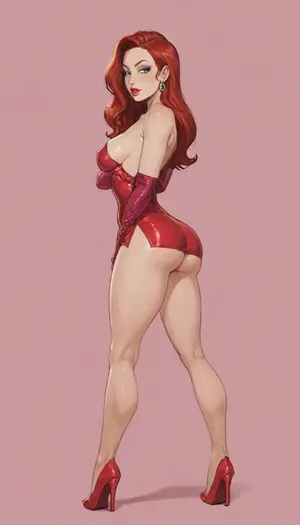 Score_9, score_8_up, score_7_up, Reiq feat Incase and inv artstyle, Jessica rabbit, short dress, ass back, side view, dutch angle, high heels, pink background, dark enviroment, rim light, bright spotlight, ratatatat74, (thick outline), (terasu_mc), lineart, line, art, flat, colors, color, <lora:ratatatat74-000050:.8>, <lora:cartoon_stickers_xl_v1:.8>, <lora:NEOTOKIOXL_0.2_RC:.8>, <lora:lineartSDXL:.8>, <lora:outline_xl_kohaku_delta_spv5x:.8>