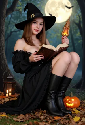 (masterpiece), (highest quality), (photorealistic), (super-detailed), (1 girl:1.2), Enchanted Forest, Halloween, full moon, young witch, (sitting on the ground:1.1), (reading an open ancient spell book:1.2), (holding a magic lamp:1.3), (luxurious black gothic dress:1.1), barely covered chest, puffy sleeves, high boots, black pointed hat with a gold buckle, (Halloween), (full moon in the background:1.2), silhouettes of bats, dark enchanted forest, eerie trees, (jack-o'-lantern on the ground:1.2), flickering candles, autumn leaves, mystical atmosphere, soft lighting, bokeh.