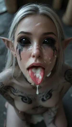 Cinematic still, ((drow princess)), ((gray skin:1.8)), (pointed ears), submissive, cute, gorgeous, ((slim:1.4)), ((muscular:1.3)), (black mystical body tattoos:1.5), perfect round breasts, nipple piercing, dark makeup, eyeliner, eyeshadow, mascara, long eyelashes, slim waist, nude, black stockings, black choker, very long silver hair, striking facial features, ((black eyes:1.7)), narrow face, wet skin, silver jewelry, kneeling fantasy castle room, (((looking directly to the viewer))), ((mouth ripped open)), ((long perfect tongue stuck out:1.1)), ((cum on face:1.5)), ((cum im mouth:1.1)), (ruined makeup), devot, perfect teeth, view from above, 4k epic detail, shot on kodak, 35mm photo, sharp focus, high budget, cinemascope, moody, epic, film grain, grainy, score_9, score_8_up, score_7_up, rating, explicit, big_eyes, ((((black, sclera, eyes:2)))), but, <lora:black sclera:2>, <lora:style_lora_realis:2>, <lora:BUT_SDXL_SHS:2>, <lora:SDXLHighDetail_v6-000005:2>