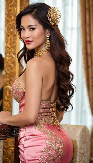 A randomly generated image of HYPER FOCUSED DETAILED PORTRAIT FULLBODY PHOTOGRAPH — Sexy Asian MILF Maiden, Sophisticated beautiful refined Thai Princess elegant maiden, sexy petite voluptuous thin curvy body-figure, tanned skin, brown eyes, absurdly long redhead hair, long voluminous hair length, long wavy elegant hairstyle, angular jawline, defined jawline, small nose, full lips, bimbo red lipstick, bimbo seductress makeup, thin eyebrows, arched eyebrows, wrinkled face, laugh lines with crow’s-feet worry lines, realistic appearance, hourglass physique, voluptuous thin waist body, exaggerated proportions, enormous silicone breasts, anorexic physique, bulimic body, thin frail body with plastic surgery, Cosmetic surgery body, Brazilian-butt-lifted ass, long manicured nails, wearing expensive jewelry, adorned with golden jewelry, slutty diamond broach choker, Traditional Khmer Laotian Sabai Skirt, Traditional Khmer Wedding attire, Traditional Thai Shoulder-Wrap-Style Clothing-Mae-Karakade, Thai Shoulder Wrap Shawl Traditional attire, Lao Sinh with sash and cross body shawl, Traditional-shoulder-wrap Pink-&-Gold Thai Women Skirt, appearance is similar to a Asian-courtesan-khmer-princess, dressed as elegant-bridal-khmer Thai-princess, submissive smile, flirty expression, wearing asian sandals, full body portrait, award winning photo, 8k resolution, absurdres, sharp focus, masterpiece, high resolution, Fujifilm XT3, RAW photo, photorealistic, HDR, Candid photo, ultimate realism, Seductive Erotic expression, Orgasmic Passionate face expression, Sexually Satisfied face expression, BABE large fake lips, Botox lip fillers, seductive red lipstick, red sparkling glitter lipgloss, sexy seductive smile, perfect teeth, realistic teeth smiling face, skinny body, thin hourglass figure with wide hips, unrealistically thin hourglass voluptuous bodacious body, skinny face, lusciously Long black-raven hair, unkept messy disheveled hairstyle, no makeup, smeared mascara on face, outfit with choker and fine jewelry, enticing bosom cleavage, cleavage seduction, perfect body, pubic hair, hairy vagina bush, girl’s unshaven cunt, realistic detailed eyes, large juicy lips, huge bimbo lips, realistic detailed face, hi-resolution face, hyper focused detailed face, realistic detailed face pores, realistically perfect detailed teeth, realistic detailed skin, (highly detailed face:1.3)