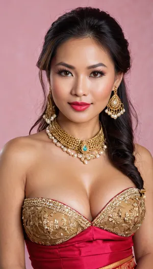 A randomly generated image of HYPER FOCUSED DETAILED PORTRAIT HEADSHOT PHOTOGRAPH — Sexy Asian MILF Maiden, Sophisticated beautiful refined Thai Princess elegant maiden, sexy petite voluptuous thin curvy body-figure, tanned skin, brown eyes, absurdly long black hair, long voluminous hair length, long wavy elegant hairstyle, angular jawline, defined jawline, small nose, full lips, bimbo red lipstick, bimbo seductress makeup, thin eyebrows, arched eyebrows, wrinkled face, laugh lines with crow’s-feet worry lines, realistic appearance, hourglass physique, voluptuous thin waist body, exaggerated proportions, enormous silicone breasts, anorexic physique, bulimic body, thin frail body with plastic surgery, Cosmetic surgery body, Brazilian-butt-lifted ass, long manicured nails, wearing expensive jewelry, adorned with golden jewelry, slutty diamond broach choker, Traditional Khmer Laotian Sabai Skirt, Traditional Khmer Wedding attire, Traditional Thai Shoulder-Wrap-Style Clothing-Mae-Karakade, Thai Shoulder Wrap Shawl Traditional attire, Lao Sinh with sash and cross body shawl, Traditional-shoulder-wrap Pink-&-Gold Thai Women Skirt, appearance is similar to a Asian-courtesan-khmer-princess, dressed as elegant-bridal-khmer Thai-princess, submissive smile, flirty expression, wearing asian sandals, full body portrait, award winning photo, 8k resolution, absurdres, sharp focus, masterpiece, high resolution, Fujifilm XT3, RAW photo, photorealistic, HDR, Candid photo, ultimate realism, Seductive Erotic expression, Orgasmic Passionate face expression, Sexually Satisfied face expression, BABE large fake lips, Botox lip fillers, seductive red lipstick, red sparkling glitter lipgloss, sexy seductive smile, perfect teeth, realistic teeth smiling face, skinny body, thin hourglass figure with wide hips, unrealistically thin hourglass voluptuous bodacious body, skinny face, lusciously Long black-raven hair, unkept messy disheveled hairstyle, no makeup, smeared mascara on face, outfit with choker and fine jewelry, enticing bosom cleavage, cleavage seduction, perfect body, pubic hair, hairy vagina bush, girl’s unshaven cunt, realistic detailed eyes, large juicy lips, huge bimbo lips, realistic detailed face, hi-resolution face, hyper focused detailed face, realistic detailed face pores, realistically perfect detailed teeth, realistic detailed skin, (highly detailed face:1.3)