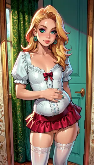 (reiq style:1), solo, Chubby 20 year old girl, blond hair, long hair, small chest, shaved pussy, pawg, taking a selfie, white thigh high stocking, short skirt, white blouse, ((flirty)), sending it to the guy shes going to fuck, Melkor Mancin artstyle, score_9, score_8_up, score_7_up