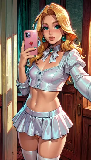 (reiq style:1), solo, Chubby 20 year old girl, blond hair, long hair, small chest, shaved pussy, pawg, taking a selfie, white thigh high stocking, short skirt, white blouse, ((flirty)), sending it to the guy shes going to fuck, Melkor Mancin artstyle, score_9, score_8_up, score_7_up