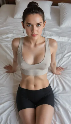 18 year old girl, medium perky breasts, round breasts, front POV, front view, toned body, tight ass, cute face, noughty smile, rey from star wars, blue eyes, realistic, ultra high definition, 8k, tight low cut crop top, big cleavage, tight bike shorts, laying on stomach, in bed, looking at viewer