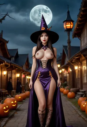 A beautiful Japanese witch, dress in a long form fitting gown adorned with mystic symbols, (breast cutout clothing:1.4), (a witch hat), glowing jack-o’-lanterns, massive full moon, (stands a European-styled small town:1.5), (Halloween celebrations with trick or treats:1.5), parents looking at the witch, dark night, (nude), (pretty face:1.8), (perfect nose:1.6), muscular body, strong legs, <lora:Midjourney Image Enhancer XL v1:.8>, <lora:2BoutOvalSDXL2-000002:1.4>