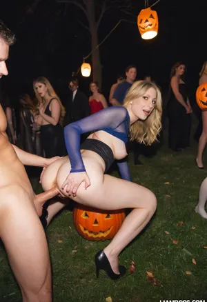Costumed young man having sex with MILF amid crowded graveyard, MILf has small figure with small sagging breasts, long dark blonde hair, tight Halloween costume, young Man has halloween costume, (Intense intercourse in varying positions, vaginal sex, or lifted—surrounded by dancing guests, doggy sex, hardcore sex), Background is a dark graveyard, lanterns, cobwebs, streamers, fog, costumed crowd pressing close and watching, 1990s amateur style, grainy, soft focus, washed-out colors, film grain, Wide-angle, dimmed party lighting, detailed fabrics/expressions, realistic anatomy, realistic eyes, distance shot, side view.