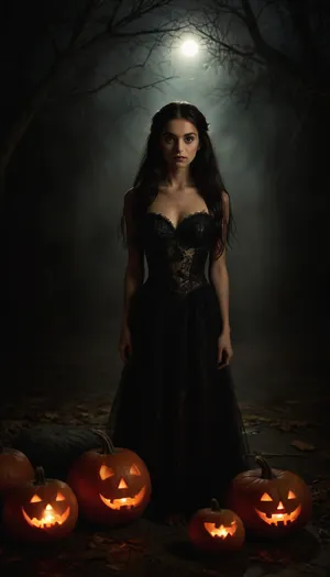 In the heart of a moonlit night, where shadows play, A girl stands, her presence a haunting ballet. Long black hair, a cascade, a midnight waterfall, Her gown, a tapestry, of cobwebs and autumn's thrall. Eyes that hold secrets, mysteries untold, A smile like moonlight, both alluring and cold. Pumpkins with glowing eyes, a sinister guide, Lighting her path, in this Halloween tide. The air is thick with magic, a spell cast by her grace, A captivating vision, a frightful, enchanting face. In this night of wonders, where the veil is thin, She dances with shadows, a ghostly, alluring kin. Her beauty, a riddle, a puzzle to unravel, A girl of the night, a Halloween marvel. Captivate the canvas, with her haunting allure, A masterpiece of mystery, a Halloween lure., <lora:tbh21-sdxl:1.2>