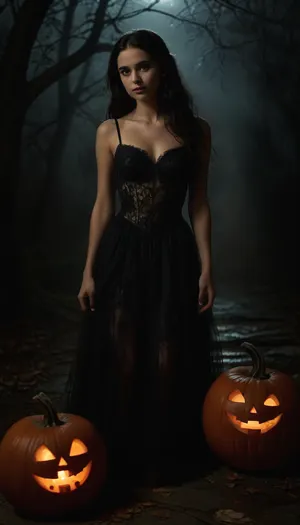 In the heart of a moonlit night, where shadows play, A girl stands, her presence a haunting ballet. Long black hair, a cascade, a midnight waterfall, Her gown, a tapestry, of cobwebs and autumn's thrall. Eyes that hold secrets, mysteries untold, A smile like moonlight, both alluring and cold. Pumpkins with glowing eyes, a sinister guide, Lighting her path, in this Halloween tide. The air is thick with magic, a spell cast by her grace, A captivating vision, a frightful, enchanting face. In this night of wonders, where the veil is thin, She dances with shadows, a ghostly, alluring kin. Her beauty, a riddle, a puzzle to unravel, A girl of the night, a Halloween marvel. Captivate the canvas, with her haunting allure, A masterpiece of mystery, a Halloween lure., <lora:tbh21-sdxl:1.8>
