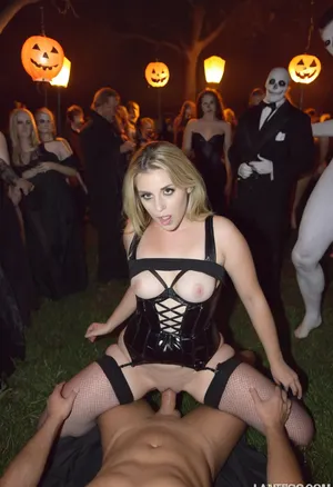 Costumed young man having sex with MILF amid crowded graveyard, MILf has curvy figure with small breasts, long dark blonde hair, milf wears a Halloween costume, young Man has halloween costume, (Intense intercourse in varying positions, vaginal sex, or lifted—surrounded by dancing guests, doggy sex, hardcore sex), Background is a dark graveyard, outdoor, lanterns, cobwebs, streamers, fog, costumed crowd pressing close and watching, 1990s amateur style, grainy, soft focus, washed-out colors, film grain, Wide-angle, dimmed party lighting, detailed fabrics/expressions, realistic anatomy, realistic eyes, distance shot, side view.