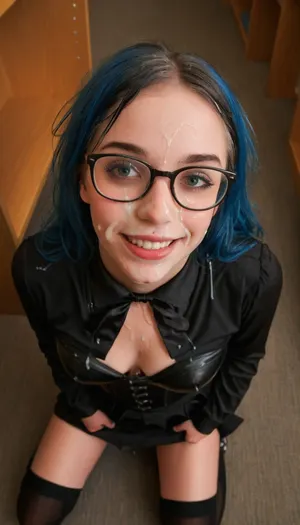 view from above, 18 years old german nerdy girl, (big glasses), skinny, blue hair, embarrassed smile, perfect teeth, modern goth black latex, blouse, tie, corset, miniskirt, high socks, library, warm evening light, (a lot of cum on face:1.4), (highly detailed faces:1.2), <lora:Style_of_camonome_SDXL-000012:.5>, <lora:Facials:.5>, <lora:JustCum:.5>