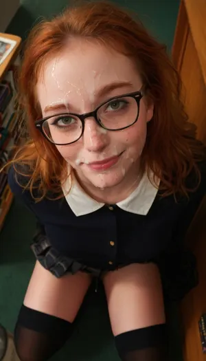 view from above, 18 years old scottish nerdy girl, (big glasses), skinny, petite, red hair, nervous, scared, embarrassed smile, perfect teeth, blouse, miniskirt, high socks, library, warm evening light, (a lot of cum on face:1.4), (highly detailed faces:1.2), <lora:Style_of_camonome_SDXL-000012:.5>, <lora:Facials:.5>, <lora:JustCum:.5>