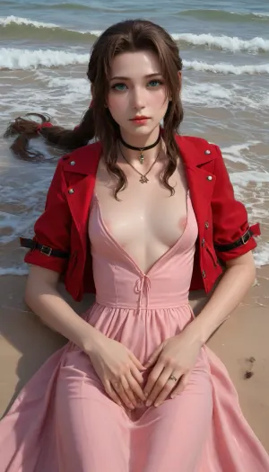 (Masterpice), (HD4K visual), (detailed background), 4K ultra-detailed image, HDR, enhancement, professional photography, precise anatomy, (perfect symmetry, 5 fingers per hand), realistic textures, maximum resolution, sharp focus, NSFW, picture, Aerith Gainsborough from Final Fantasy VII wearing a, ((long pink dress)), athletic body, black and a short red jacket, hairy pussy, small breasts, perky pointed nipples, wet clothes, laying down, washed up on shore, wide shot, on a beach, waves in backgrownd, sunny, day time, sun beaming down, incase, style, ratatatat74, defaerith, braided, ponytail, hair, bow, pink, choker, necklace, cropped, jacket, red, short, sleeves, dress, long, altaerith, very, ribbons, drill, star, ballgown, bare, shoulders, strapless, plunging, neckline, <lora:287175_training_data:1.4>, <lora:ratatatat74-000050:1.4>, <lora:aerith-xl-nvwls-v1:1>, <lora:add-detail-xl:2>