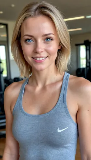 HDR photo of beautiful alluring woman, shoulder length blonde hair, bob haircut, light-blue eyes, fair complexion, smiling, warming up for her gym session with a gray nike tank top, black tights and white sneakers, ultra realistic, 4k, morning, atmospheric perfect eyes . High dynamic range, vivid, rich details, clear shadows and highlights, realistic, intense, enhanced contrast, highly detailed, hyper realistic, skin pores visible, skin defect, <lora:253562_training_data:1.8>, <lora:flat_chested_v3.5:1>, <lora:Italian_girl:1>