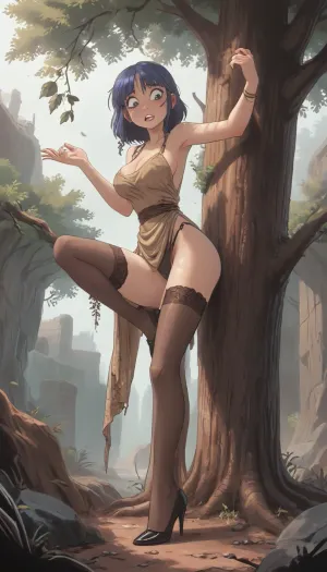 (Jack cayless art style), woman, big breast, big ass, trying to climb a tree, gets stuck between the branches in the most awkward position. Her dress is pulled up, revealing sheer panties, her long legs are awkwardly spread, stockings, high heels, one hand reaching for a small, frightened kitten on a high branch, her thick blue hair tangled in the leaves. The camera is from below, (cartoon), tooned, cartoon, low color palette, painted, illustration, made in illustrator, no gradients, incase style, concept, retro, futuristic, flat colors, masterpiece, <lora:ratatatat74-000050:.9>, <lora:outline_xl_kohaku_delta_spv5x:.5>, <lora:cartoon_stickers_xl_v1:.6>, <lora:NEOTOKIOXL_0.2_RC:.4>, <lora:DetailedEyes_V3:.6>