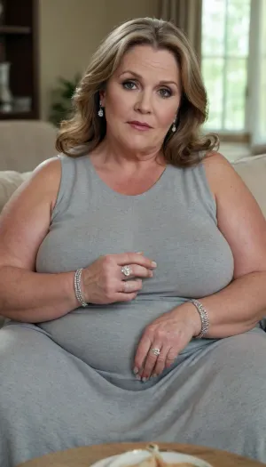 (An insanely gorgeous very busty very obese looking 60 year old married housewife sitting on a couch), enormous boobs, natural look, braless, tight knit sleeveless sweater dress, short, looking at the viewer, captivating gray eyes, (wearing a wedding ring with large diamond on her left hand ring finger)