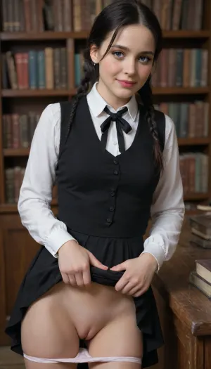 Sexy 25 yearold girl, bending on corner of desk, (young, cute, tiny, pretty, petite), (((large blue eyes))), (((long black hair))), wednesday Addams oufit, she lifts her skirt, her small pussy exposed, ((realistic tiny vagina)), ((ejaculating from her tiny pussy)), ((shy, smiling), (blushing:1.5)), in medieval library with books stacked on tables, ((upskirt view)), film photography, vintage, realistic, sharp focus, (very detailed), ((4K HQ)), High contrast, panties pull