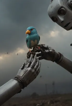 close up of, (Bird pecks seeds from outstretched metal hand:1.6), (extraordinary cute designed female robot observes the bird on the hand:1.4), cloudy, smoke, atmospheric, clouds, fog, TIE, fighter, <lora:Simon_Stalenhag_LFTL_SDXL:1.7>, <lora:Cloudy_Style:.8>, <lora:TIE fighter:.8>