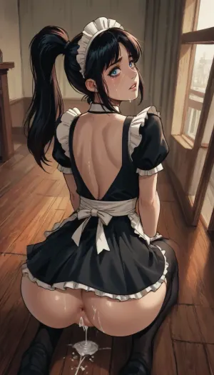 Score_9, score_8_up, score_7_up, reiq meets markgavatino art style, 22 year old, ((woman, kneeling on floor)), black stockings with garters, ((maid uniform)), ((long_straight_black_hair in a high ponytail)), on knees, looking up at you, (((ass, anus, teary eyes))), ((cum on face, cum on breasts)), cute, doodle, ratatatat74, <lora:cutedoodle_XL-000012:.8>, <lora:ratatatat74-000050:.8>, <lora:NEOTOKIOXL_0.2_RC:.8>, <lora:outline_xl_kohaku_delta_spv5x:.8>