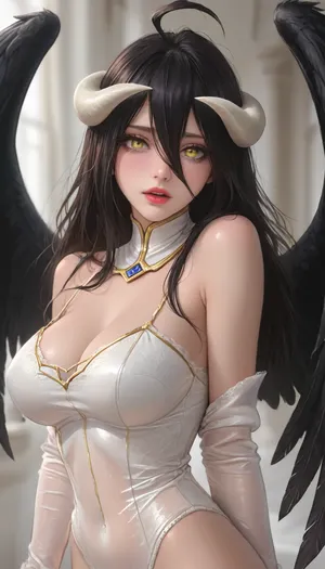 masterpiece, bright studio light, best quality, highly detailed, (anime:1.2), (moaning around, aroused, orgasm), Tight clothes, seductive body, she is wearing only a white transparent latex bodysuit, you can see through the latex bodysuit, an oiled transparent black bodysuit through which you can see her breasts, a detailed reflection on the transparent bodysuit, (big breasts), black wings, curvy, detailed image, detailed background, Albedo overlord, 1 girl, black hair, horns on the head, fingerless gloves, big yellow eyes, red lipstick, Melkor Mancin artstyle, score_9, score_8_up, score_7_up, <lora:cartoon_stickers_xl_v1:2>, <lora:ratatatat74-000050:2>, <lora:detailed_notrigger:2>, <lora:add-detail-xl:2>