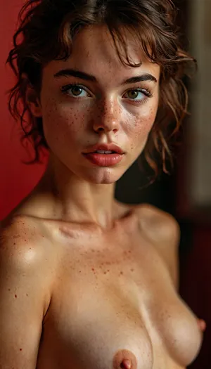 Erotic photo session, in photo studio, red background, ((Naked 20yo woman)), Italian face, full body in picture, Short hair, ((high detailed skin)), 8k uhd, dslr, high quality, detailed skin texture, (highly detailed hair), sharp body, highly detailed body, (realistic), soft focus, insanely detailed, highest quality, freckles, (skin pores, skin imperfections), seductive, high resolution photography on a nikon camera, perfect makeup, friendly, flirty, her lips are thick, lingerie catalogue style, erect nipples, hairy bush, but, <lora:MJ52:2>, <lora:add-detail-xl:2>, <lora:BUT_SDXL_SHS:.3>