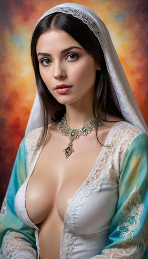 Portrait of a tin, inteligent 18 years old, young, lusty Italian beauty partialy in national nun costume, black dred hair, very dark skin, naked extra big tits, extra big niples, shaped to front, all body, open legs, showing pussy and one naked small boobs, Tuching open pussy by fingers, lace filigree of bright, rich color. Super clear, highly detailed watercolor, glaze technique, plus colored alcohol ink, style of V. Vasnetsov