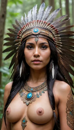 tin 18 years old, young, lusty east American Indian beauty partialy in national leather costume eagle headdress, wild rain forest, black wild hair, very dark skin, naked extra big tits, extra big niples, shaped to front, all body, open legs, showing pussy and one naked small boobs, Tuching open pussy by fingers, lace filigree of bright, rich color. Super clear, highly detailed watercolor, glaze technique, plus colored alcohol ink, style of Alfonz Mucha