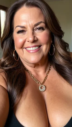 old mature, sexy 50 years, brunette, long hair, tan skin, very glamour, big hoop earrings, necklace, very fat bbw, selfie face focus, looking at the camera, sexy naught smile face, charming, very hot and horny