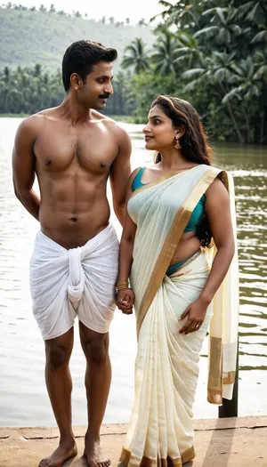 Afternoon by a serene riverside, warm natural lighting. Indian MILF woman, 40 years old, brown skin, curvy, tall, voluptuous body, Balloon boobs, wearing a tightly draped, seductive kerala saree with intricate golden embroidery. Indian young man, 20 years old, dark brown skin, short height, average build, wearing casual shorts and a white t-shirt. Both standing close, shy smiles, eyes locked with anticipation. both looking each other, a small distance maintained between each.
The setting is lush greenery by the water, gentle breeze moving the saree slightly.
both looking each other.Boy shorter than lady, skin, <lora:Darker_skin_SDXL:.8>, <lora:SDXLHighDetail_v6-000005:.8>, <lora:rknArouseXL:.8>, transparent, saree, <lora:transparent-saree:.8>
