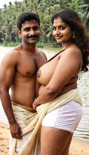 Afternoon by a serene riverside, warm natural lighting. Indian MILF woman, 40 years old, brown skin, curvy, tall, voluptuous body, Balloon boobs, wearing a tightly draped, seductive kerala saree with intricate golden embroidery. Indian young man, 20 years old, dark brown skin, short height, average build, wearing casual shorts and a white t-shirt. Both standing close, shy smiles, eyes locked with anticipation. both looking each other, a small distance maintained between each.
The setting is lush greenery by the water, gentle breeze moving the saree slightly.
both looking each other.Boy shorter than lady, kasavu, <lora:kasavu_saree:.8>, skin, <lora:Darker_skin_SDXL:.8>, puffy, nipples, dark, ghost, wide, <lora:Nipples XL:.8>, <lora:SDXLHighDetail_v6-000005:.8>, facial, expression, <lora:Expressions XL:.8>