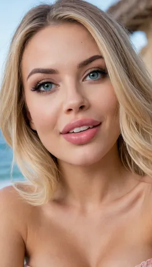ZipRealism, woman, (bimbo makeup, heavy makeup, flawless makeup, fake eyelashes, microblade eyebrows, raised eyebrow), (huge lips, full lips, bimbo lips, overfilled lips, botox lips, filled lips, puffy lips, glossy lips:1.2), (cleavage), (large expressive eyes, wide eyes, doe eyes, soft facial features:1.2), (platinum blond hair, chic hair), (loose closeup, focus on lips, low angle shot:1.2), (soft flirty smirk, playful eyes, curious expression, smug:1.6), (vibrant blue sky, golden beach), (subtle bokeh, analog lens:.5), (stretch marks, vellus hairs, goosebumps:.5), (maximum quality, ultra high definition, uncompressed, raw source photograph), bmbplora, <lora:bimboxl_02:1.6>
