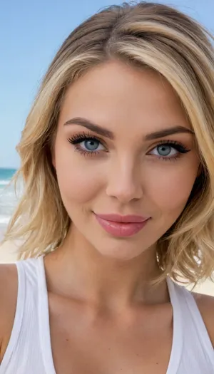 ZipRealism, woman, (bimbo makeup, heavy makeup, flawless makeup, fake eyelashes, microblade eyebrows, raised eyebrow), (huge lips, full lips, bimbo lips, overfilled lips, botox lips, filled lips, puffy lips, glossy lips:1.2), (cleavage), (large expressive eyes, wide eyes, doe eyes, soft facial features:1.2), (platinum blond hair, chic hair), (tight closeup, focus on lips, low angle shot:1.2), (soft flirty smirk, playful eyes, curious expression, smug:1.6), (vibrant blue sky, golden beach), (subtle bokeh, analog lens:.5), (stretch marks, vellus hairs, goosebumps:.5), (maximum quality, ultra high definition, uncompressed, raw source photograph), bmbplora, <lora:bimboxl_02:1.6>