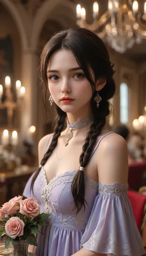 45 year old, thai, lady, Couture, black hair, Colourful steam, beautiful lady arranging flowers in a antique vase, long pale purple gown, jade collar, delphiniums, peony, peppermint, embroidered lace, chandelier, glittery smoke, beautiful model braided hairstyle, light rose, light pink, light yellow, soft blue, and peach, <lora:MJ52:.7>, <lora:MJ52:.8>